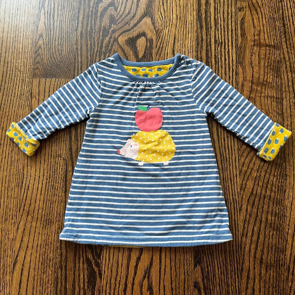 Baby Boden Baby Girls Long Sleeve Hedgehog Apple Reversible Dress (3-6M)